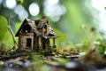 Old destroyed wooden house in the forest. Unsuitable housing for living. House to be demolished Royalty Free Stock Photo