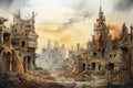 Old destruction apocalypse background city street building war disaster background town landscape Royalty Free Stock Photo