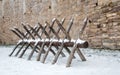 The old device for sawing wood in the fortress Izborsk winter