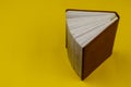 Old diary in brown leather binding stands on endpaper on yellow background Royalty Free Stock Photo
