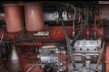 Old diesel tractor engine close-up, red and rusty Royalty Free Stock Photo