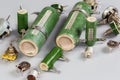Old different fixed, variable and adjustable resistors on a gray surface Royalty Free Stock Photo