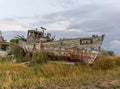 An old dilapidated fishing boat on the shore, overgrown with grass