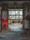 An old and dilapidated garage stands open, framing a view of the surrounding woods and fallen autumn leaves scattered Royalty Free Stock Photo