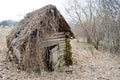 An old, dilapidated little wooden abandoned ruined rustling broken house of woods, logs and sticks overgrown with moss and plants Royalty Free Stock Photo