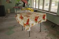 Old, dilapidated tables and coffee tables in an abandoned building. Urbex Royalty Free Stock Photo