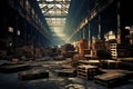 Old and dilapidated warehouse with protruding crates and a damaged roof