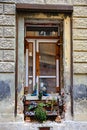 The old dilapidated window with vases of flowers Royalty Free Stock Photo