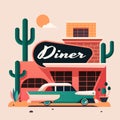 Old diner with cafe and parking in desert. Vector cartoon illustration of desert landscape with small hotel building