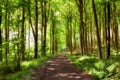 Old dirt road in a forest with lush magical and green wilderness of vibrant trees growing outside. Peaceful nature