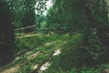 Old dirt road overgrown with grass among trees in forest, marshy surface earth after rain, dilapidated fence made thin Royalty Free Stock Photo