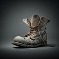 Old dirty boot with laces on gray background. Generated by AI Royalty Free Stock Photo