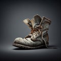 Old dirty boot with laces on gray background. Generated by AI Royalty Free Stock Photo