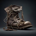 Old dirty boot with laces on gray background. Generated by AI Royalty Free Stock Photo