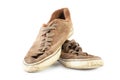 Old dirty brown sneakers, isolated on white background Royalty Free Stock Photo