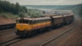 The old dirty cargo train with cars which are loaded by crushed stone.