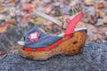 an old dirty colored sandal made of a wooden sole and fabric with a red leather harness Royalty Free Stock Photo