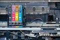 Old, dirty, disassembled inkjet printer. View of internal parts. Royalty Free Stock Photo