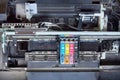 Old, dirty, disassembled inkjet printer. View of internal parts. Royalty Free Stock Photo