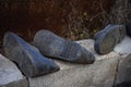 Old dirty galoshes on bricks in rural yard