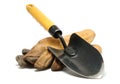 Old Dirty Leather Work Gloves and Trowel Royalty Free Stock Photo