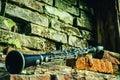 Old and dirty magic clarinet on a background of a beautiful old broken brick wall as symbol of beautiful classical music. Copy Royalty Free Stock Photo