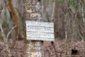 Old dirty no trespassing sign nailed to tree in swamp Royalty Free Stock Photo