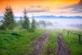 Old dirty road in foggy Carpathian mountains. Royalty Free Stock Photo