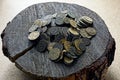 Heap of old Soviet coins on dry stumps