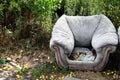 Old dirty torn sofa with an armchair, covered with apples on the background of the forest