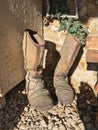 Old dirty vintage military boots, Shoes of the 1930- 1940s. Men`s vintage shoes. Old leather and felt  shoes Royalty Free Stock Photo