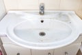 Old dirty washbasin with rust stains, limescale and soap stains in the bathroom with a faucet, water tap