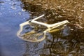 Old dirty white plastic chair sunk in the water