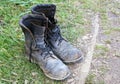 old dirty work boots with laces Royalty Free Stock Photo