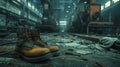 Old dirty work boots sit alone on dusty floor with covered machines behind Royalty Free Stock Photo