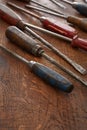 Old dirty worn vintage wooden screwdrivers