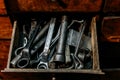 Old dirty wrenches in box close up Royalty Free Stock Photo