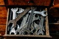 Old dirty wrenches in box close up Royalty Free Stock Photo