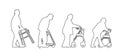 Old disabled people using strolls walker vector line silhouette illustration. Royalty Free Stock Photo