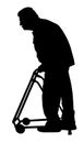 Old disabled person with walker silhouette. Old man walking with caregiver. Royalty Free Stock Photo