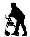 Old disabled woman using a walker silhouette . Senior woman active life with medical support.