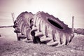 Old dismounted used pair of tires of a big tractor left in a country road Royalty Free Stock Photo