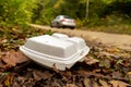 Old disposable plastic plate, box in the forest next to the road with car in a background. Royalty Free Stock Photo