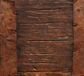 Old distressed antique wood box with metal elements grunge background