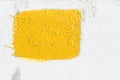 Old Distressed Cracked White Plaster Cement Wall with Painted Yellow Rectangle. Background Template Mockup Placeholder Royalty Free Stock Photo