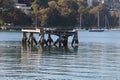 Old disused and derelict wooden loading piers in Sydney Harbour