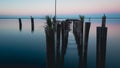 Old dock Lake Monroe at downtown Sanford Riverwalk in Florida at sunset Royalty Free Stock Photo