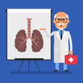 Old doctor points to flip chart with picture diseased lungs
