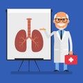 Old doctor points to flip chart with picture healthy lungs