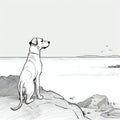 Dog Sitting On Rock: Mono-ha Style Comic Art Illustration